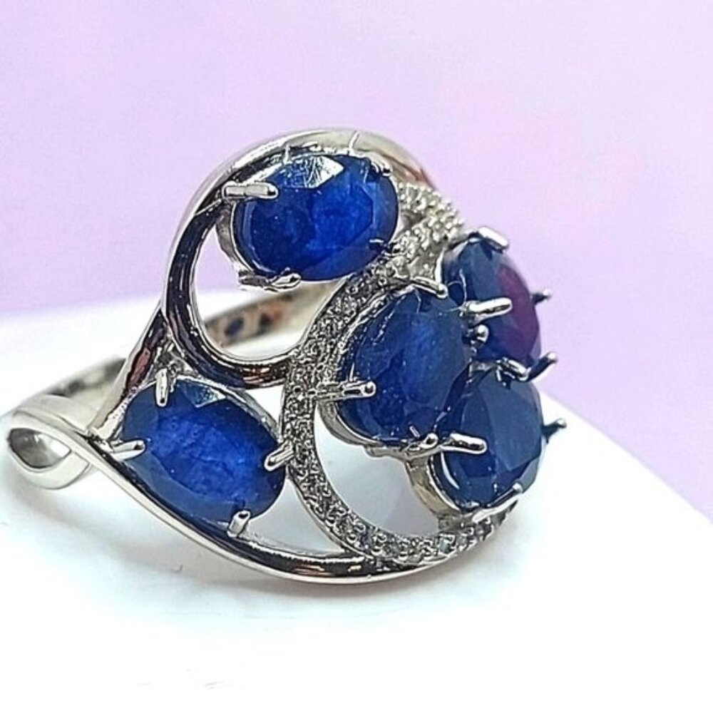 Natural Sapphire 7x5mm & CZ 925 Sterling Silver Ring